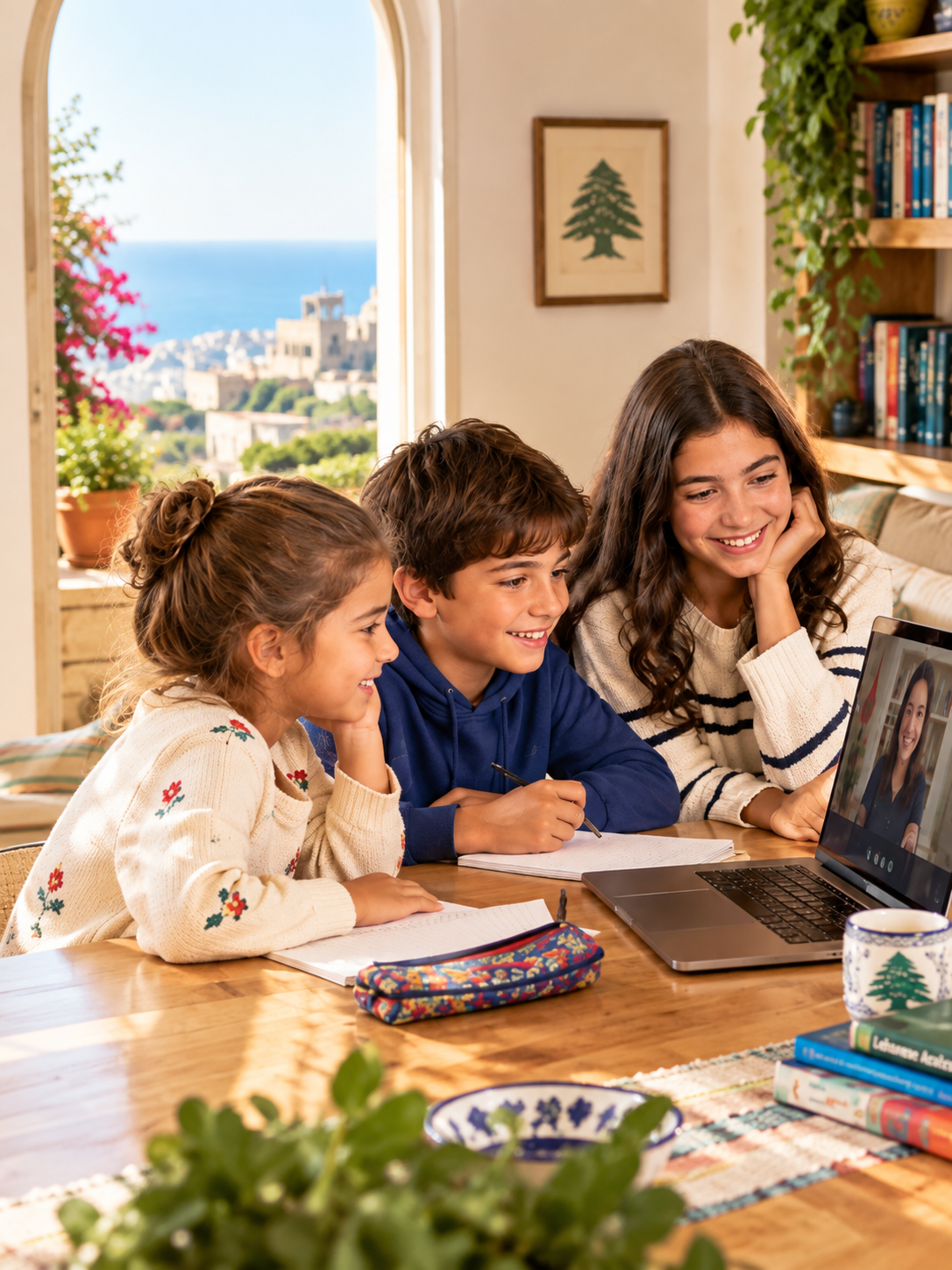 Three children taking a live Lebanese Arabic lesson on a laptop, with the Lebanese coast visible through the window