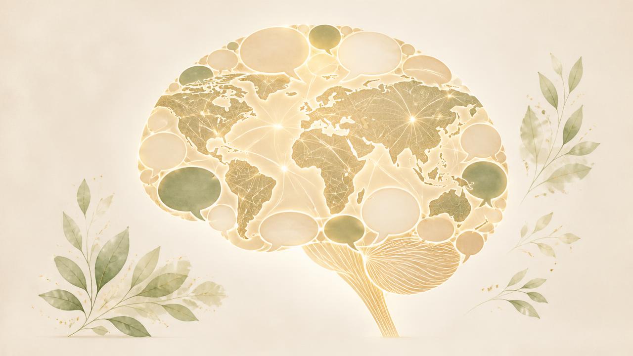 Illustration of a brain formed from speech bubbles and world map lines
