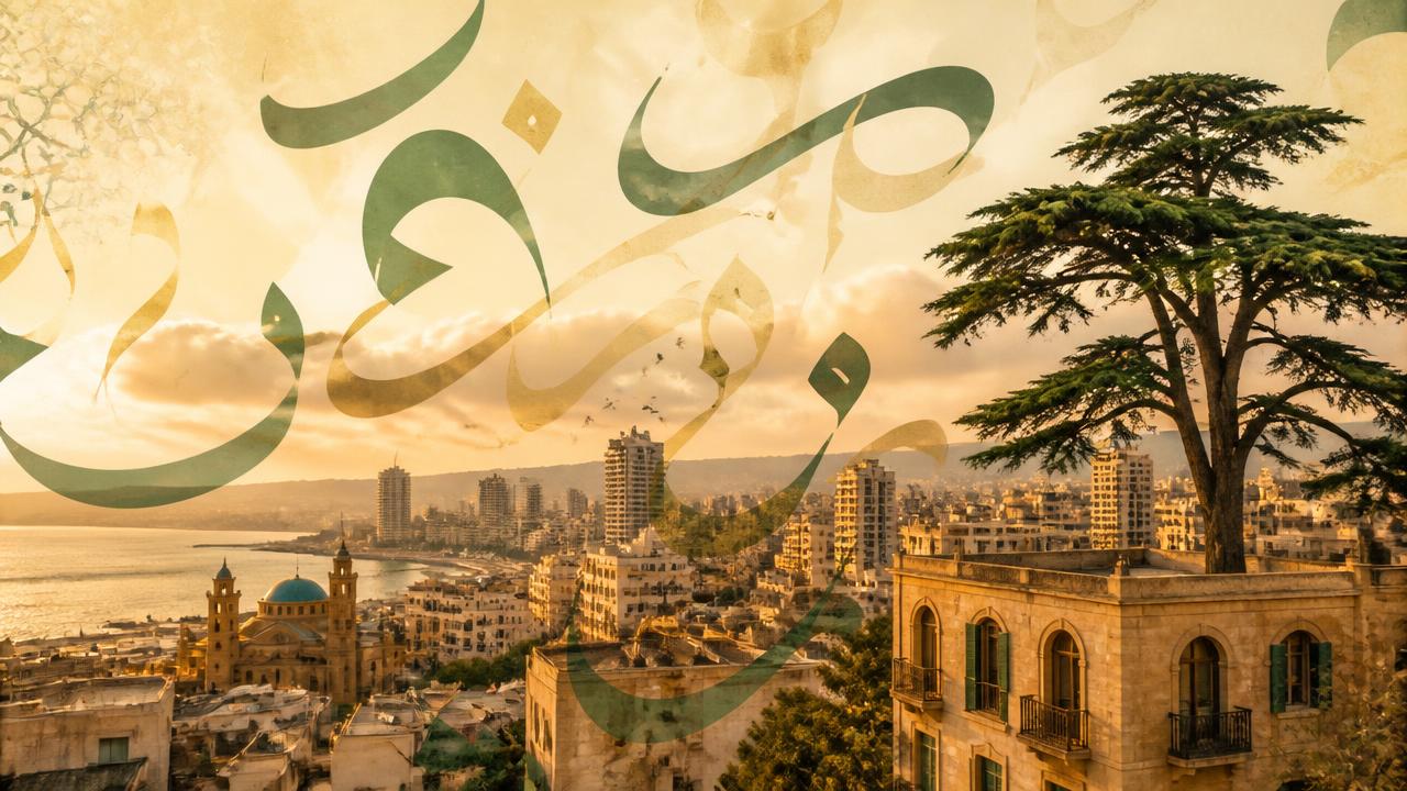 Arabic calligraphy over a Lebanese cityscape at golden hour