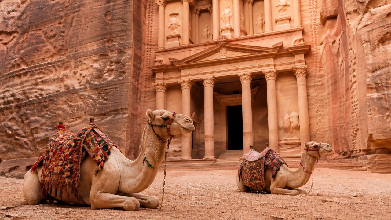 Camels resting in front of the Treasury at Petra