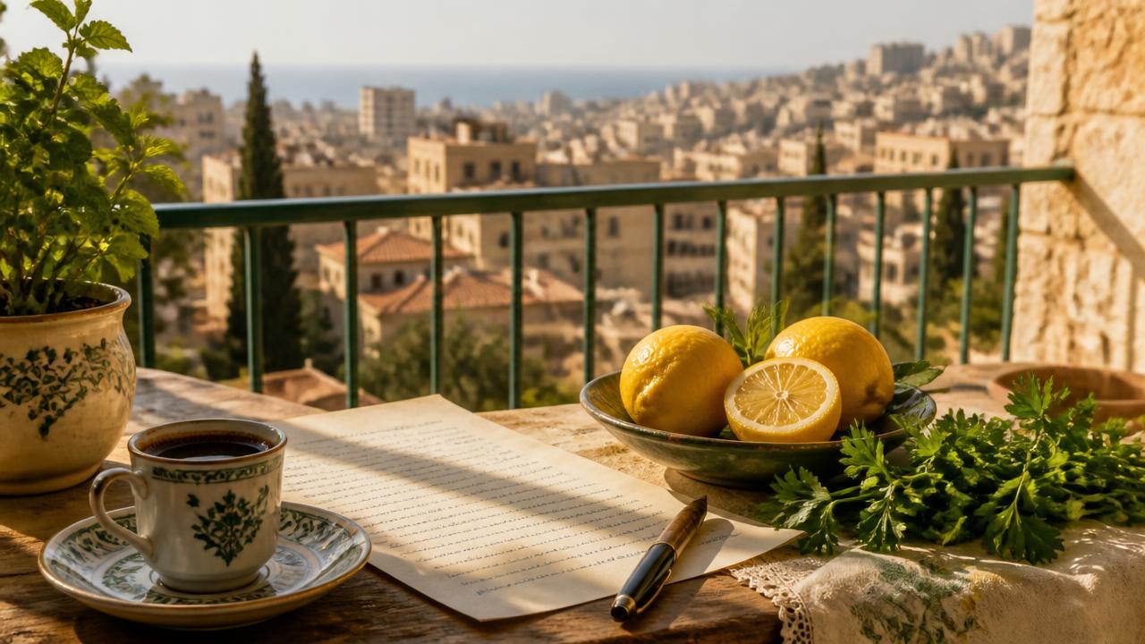 A handwritten letter beside Lebanese coffee and lemons on a Beirut balcony