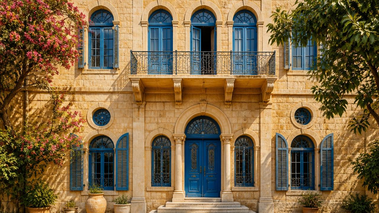 Traditional Lebanese facade with blue arched windows and doors